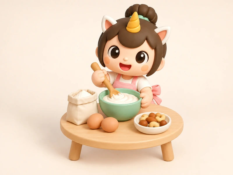 Creamie mixing a bowl of cream on one table with flour, eggs and a dish of nuts