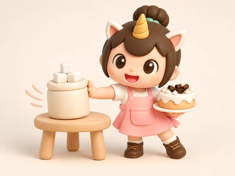 Creamie nudging a pot of sugar cubes aside while holding up a little chocolate cake