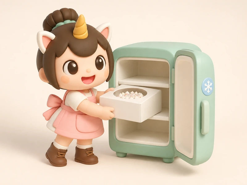 Creamie putting a cake box into a little fridge