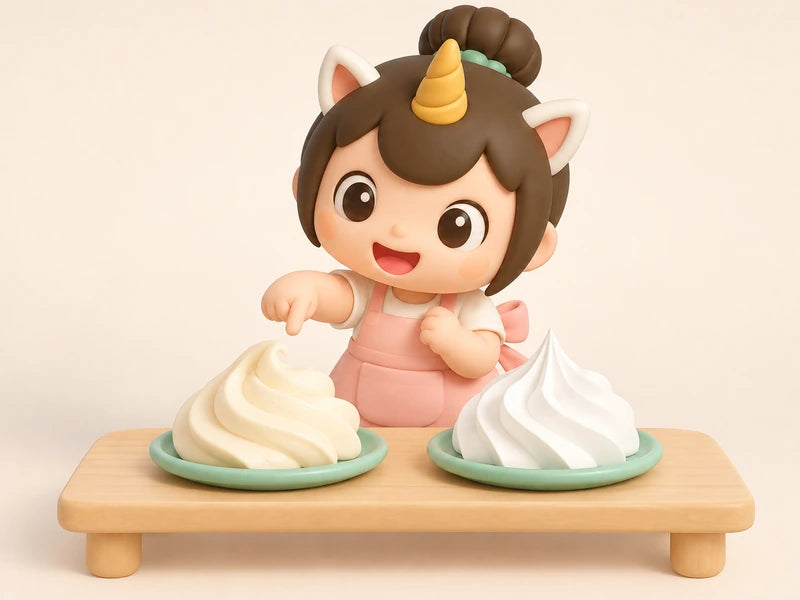Creamie comparing a soft ivory swirl of real cream with a stiff, bright white swirl
