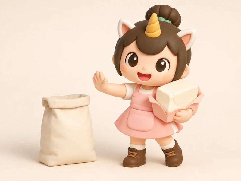 Creamie holding a block of cream cheese and waving a bag of flour away