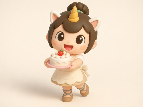 Creamie holding a mini cake on a plate