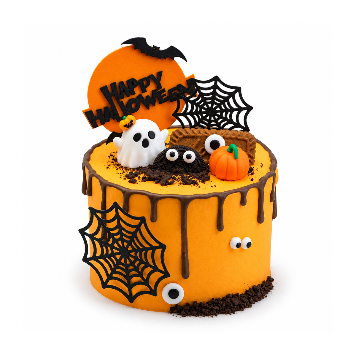 Boo-tiful Night Halloween cake, orange fresh cream with chocolate drips, ghost, bat and spider webs by The Place Toronto