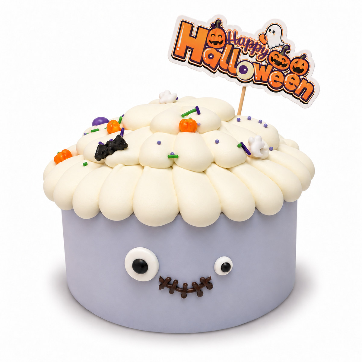 Lil' Frankie Halloween cake, lilac fresh cream with googly eyes, stitched smile, ivory piping and Happy Halloween topper by The Place Toronto