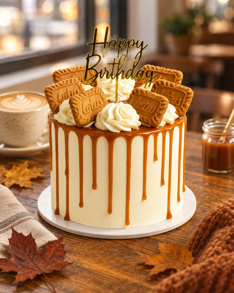 Biscoff Caramel Drip cake on an autumn café table with maple leaves and a latte