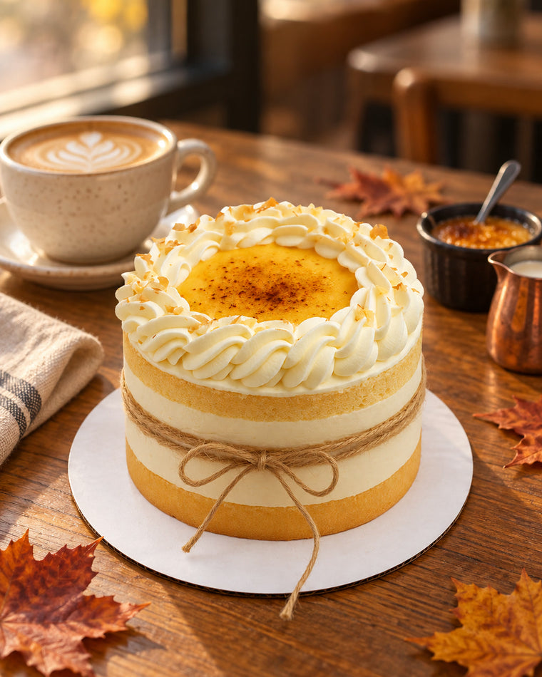 Crème Brûlée Secret cake on an autumn café table with maple leaves and a latte