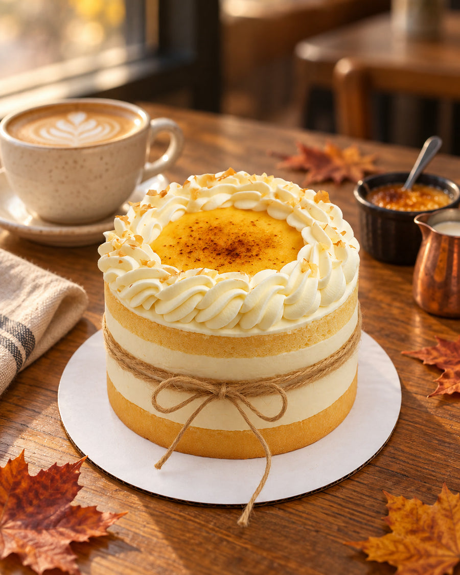 Crème Brûlée Secret cake on an autumn café table with maple leaves and a latte