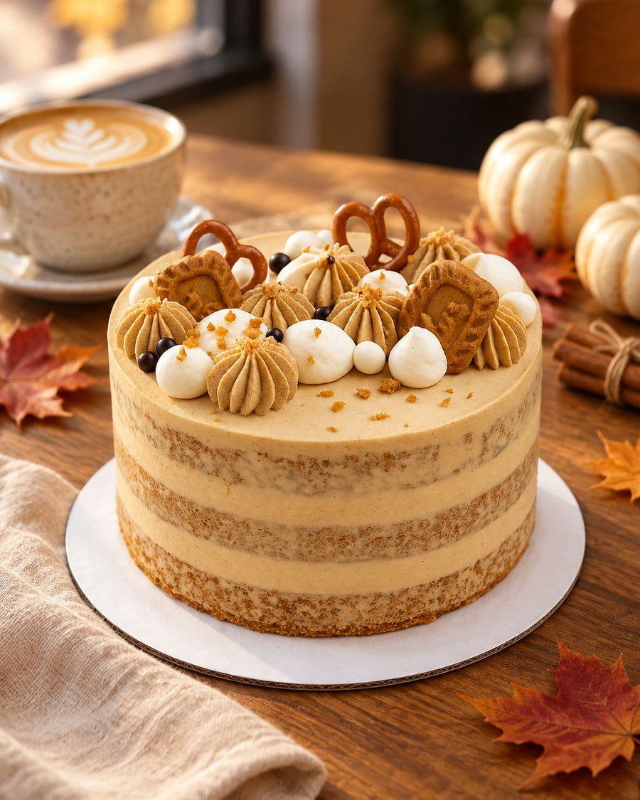 Golden Toffee Latte cake on an autumn café table with maple leaves and a latte