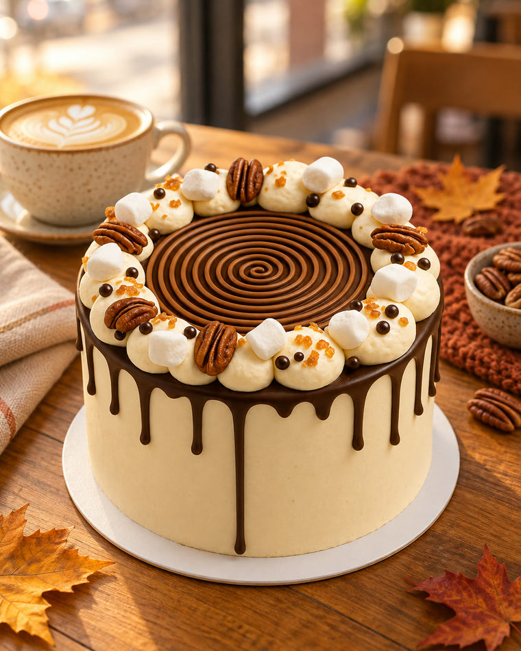 Maple Pecan Cafe cake on an autumn café table with maple leaves and a latte