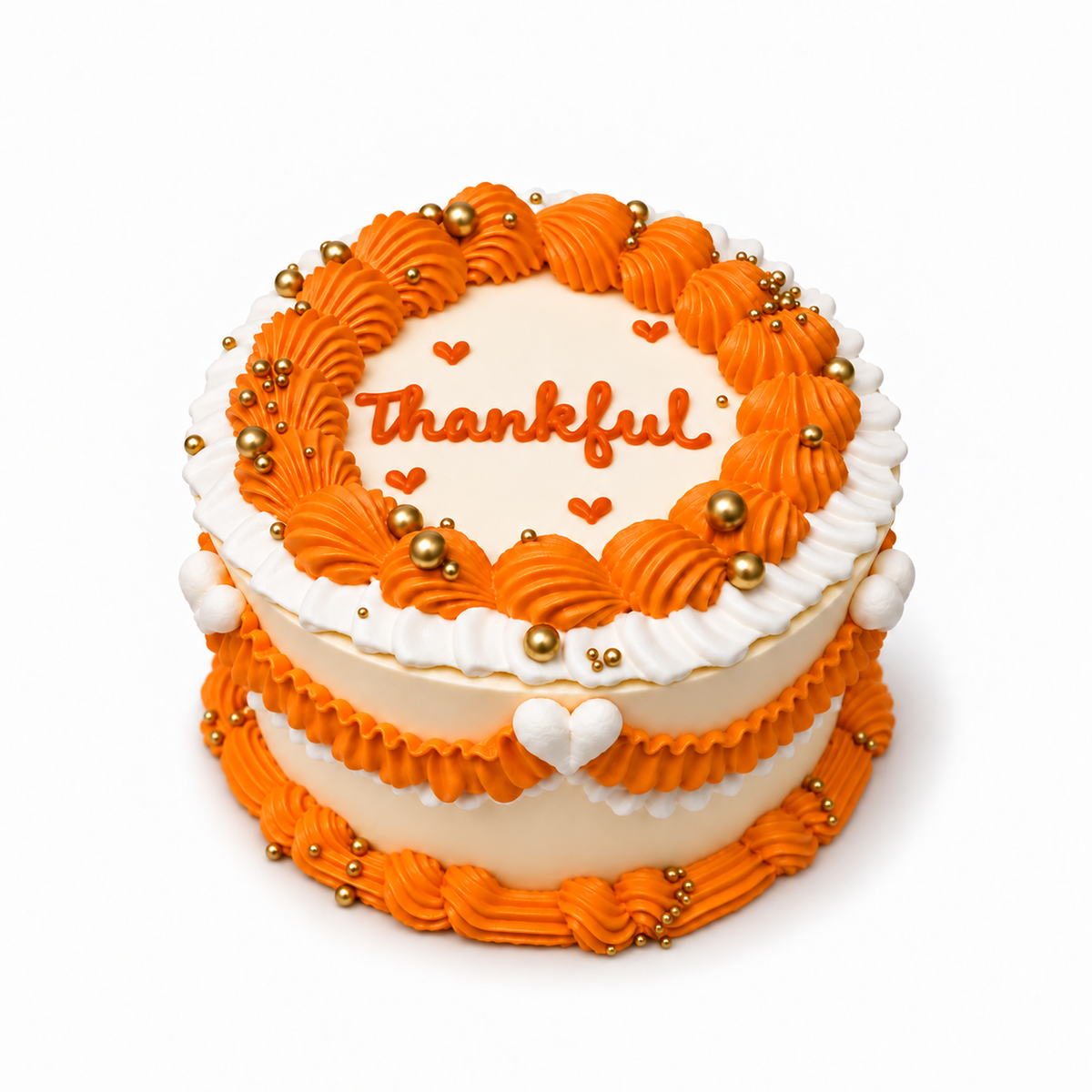 Thankful Thanksgiving cake with orange-and-ivory piping, gold pearls and heart details by The Place Toronto