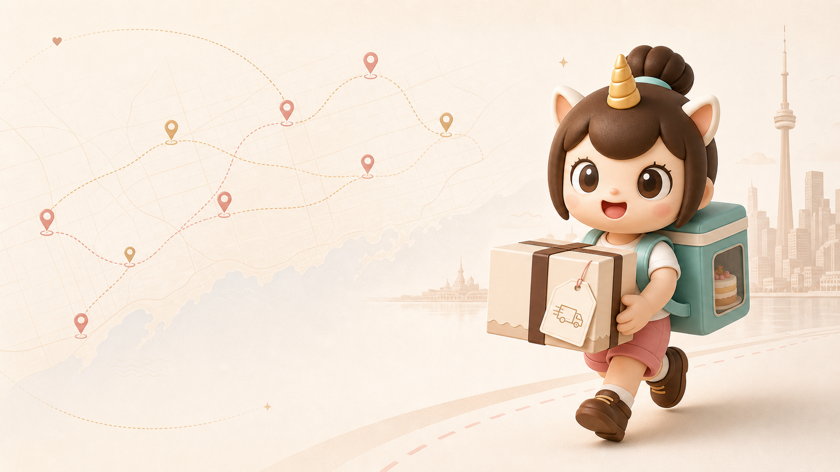 Creamie delivery mascot with a sealed cake box, Toronto skyline, and stylized GTA delivery coverage map
