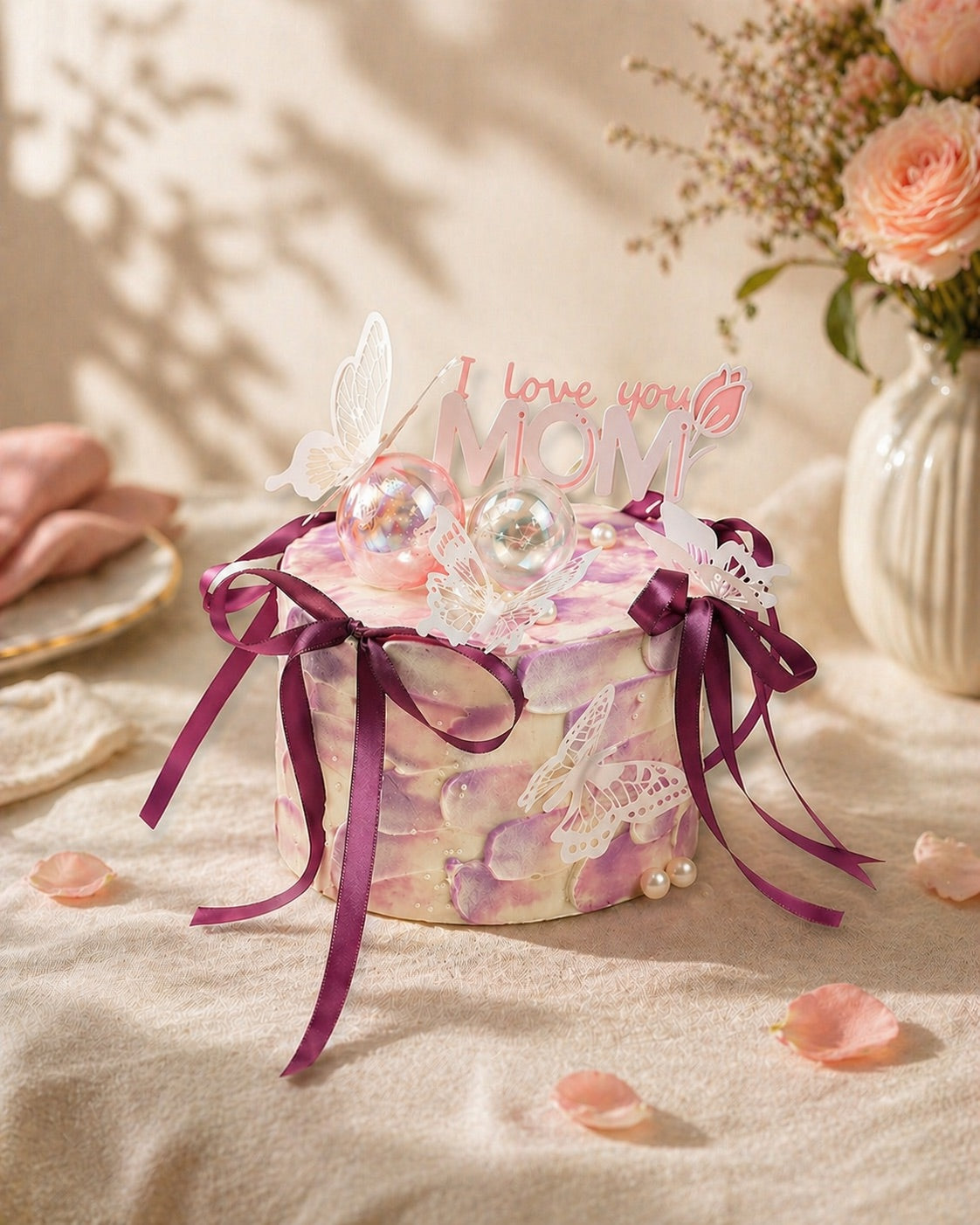 Wisteria Wishes — four-layer fresh cream cake with rose-petal ombré, our Mother's Day signature