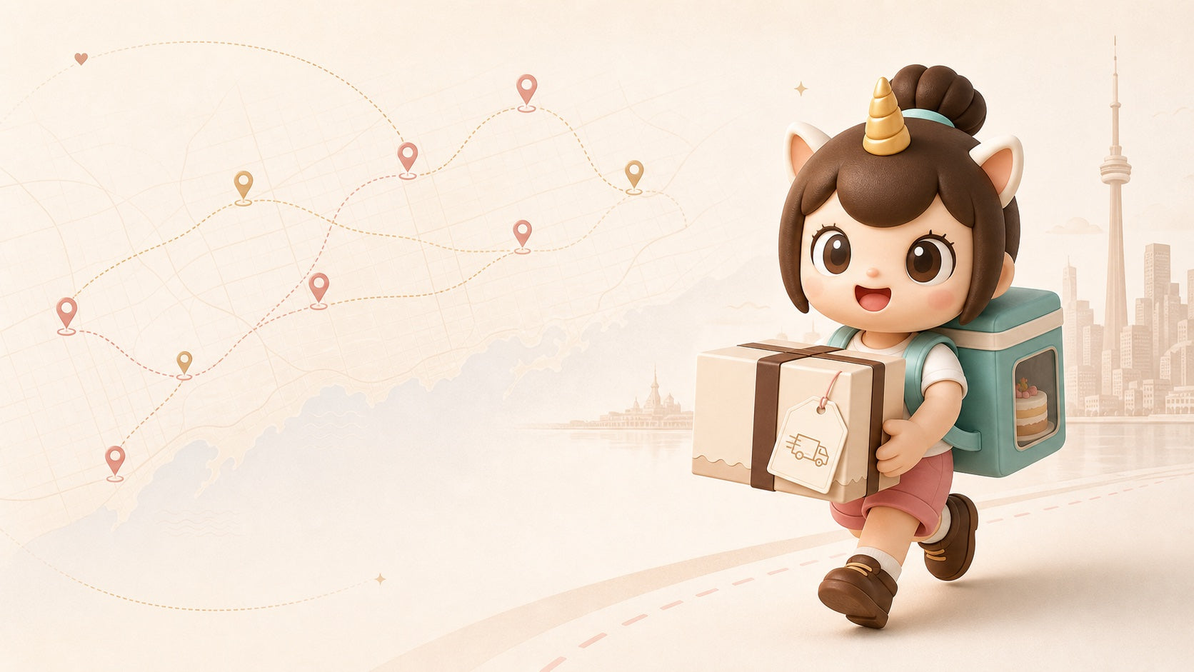 The Place delivery mascot carrying a cake box across the GTA