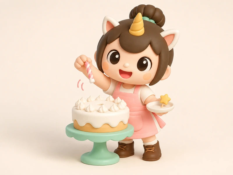 Creamie lifting a candle off a cake and keeping a star topper on a little plate