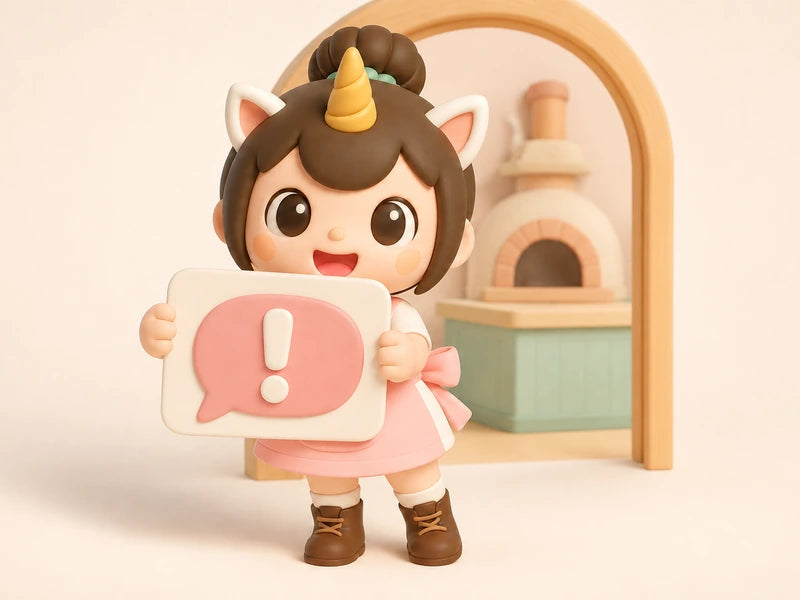 Creamie, The Place's mascot, holding up a card with an exclamation bubble at the kitchen door