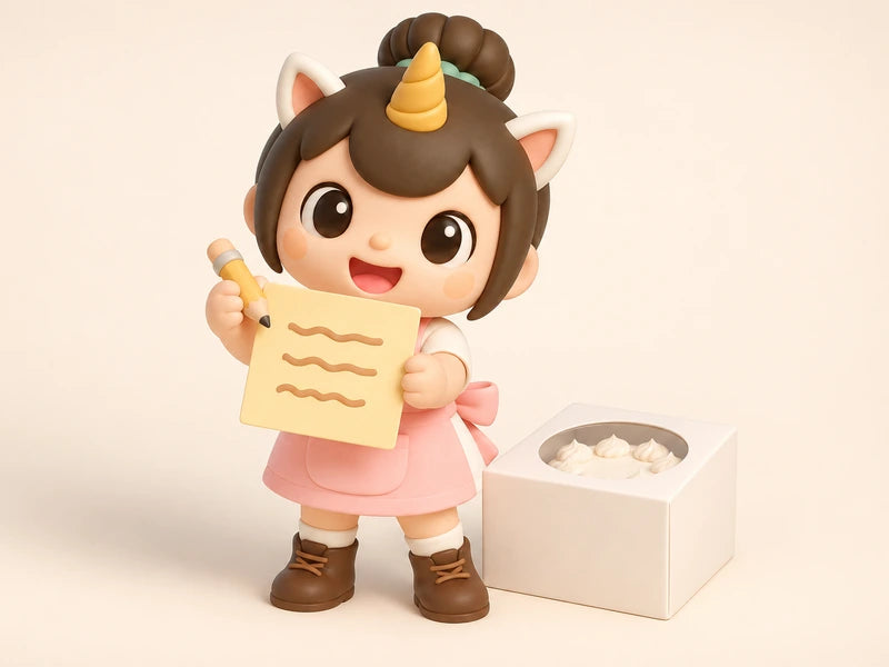 Creamie holding up a note she just wrote, next to a cake box