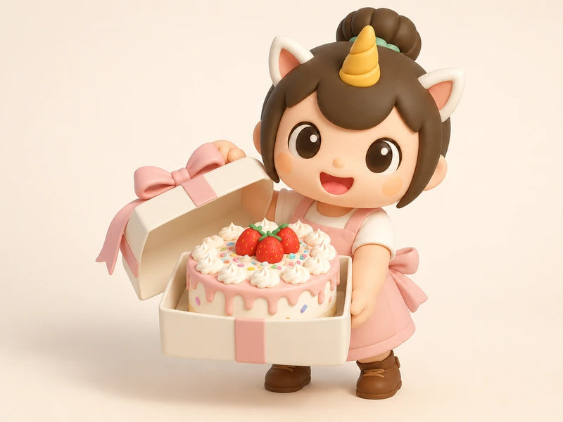 Creamie presenting a fully decorated cake in an open box