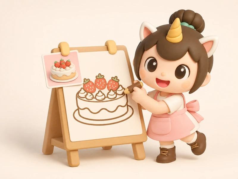 Creamie, The Place's mascot, sketching a cake idea at a little easel