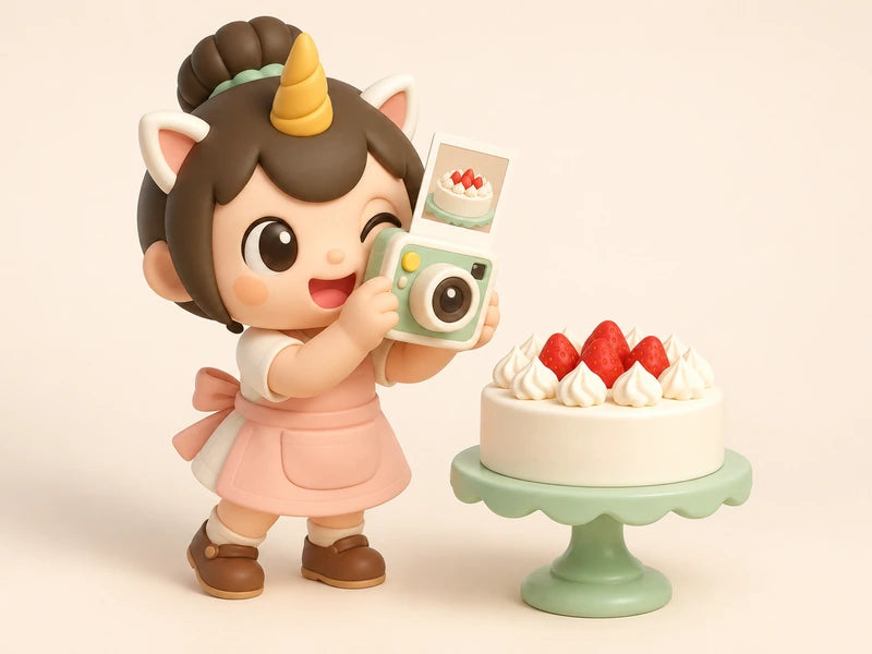 Creamie taking a photo of a real cake with a little camera