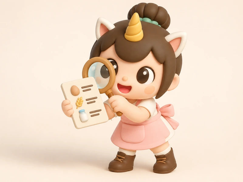 Creamie reading a small ingredient card through a magnifying glass