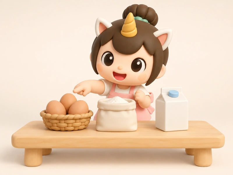 Creamie, The Place's mascot, pointing at eggs, a bag of flour and a carton of fresh cream on a little counter