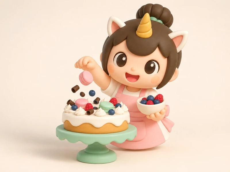 Creamie sprinkling macarons, chocolate and berries on top of a cake