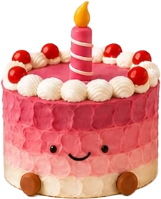 Blushy Buddy character cake: Pink ombre, cherries and a pink candle