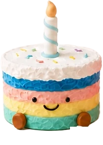 Party Buddy character cake: Rainbow layers, sprinkles and a candle
