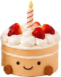 Birthday Buddy character cake: Strawberries, cream swirls and a striped candle