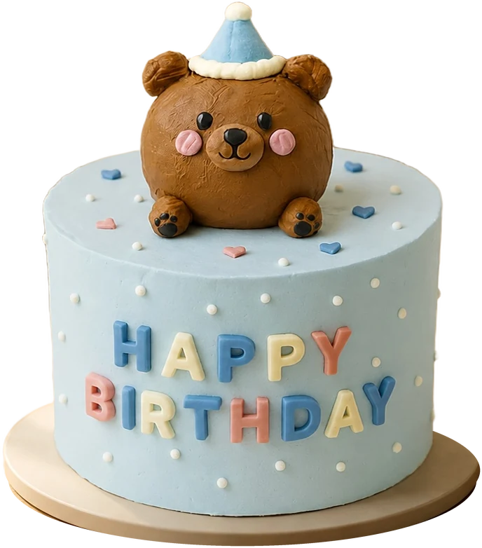 Blue birthday cake with a bear on top