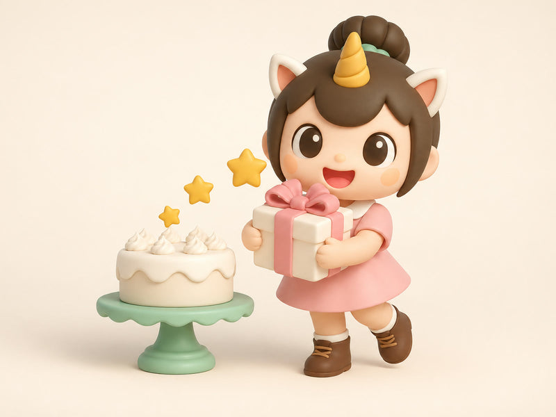 Creamie, The Place mascot, hugging a gift box next to a little cream cake